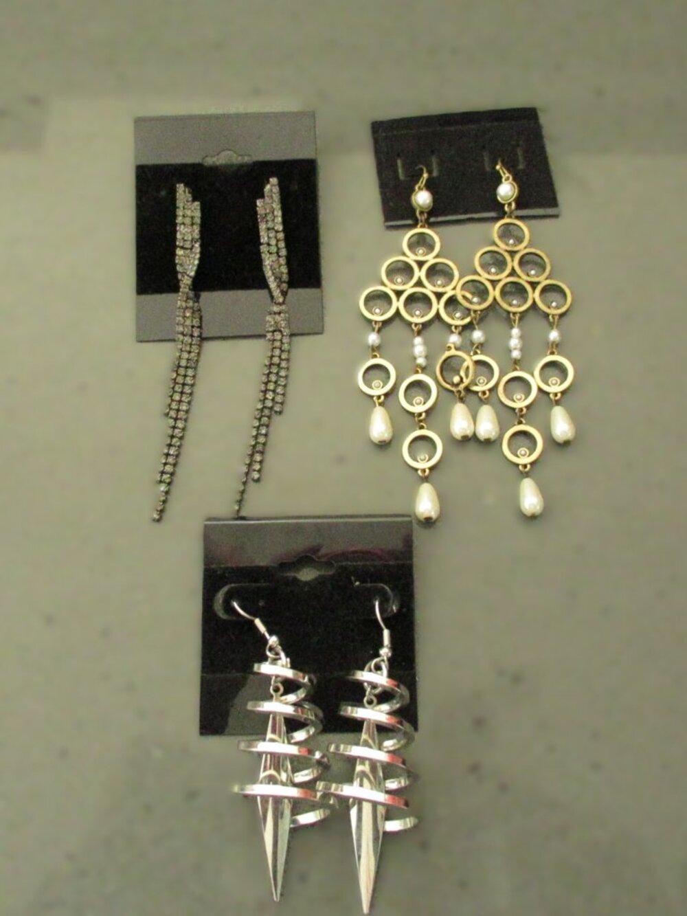 Bundle of 3 Statement Earrings: Rhinestone Dangle, Pearl Chandelier, Metallic